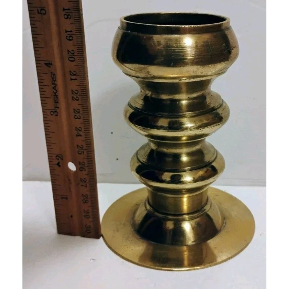 Vtg Heavy Solid Brass Ribbed Column Candlestick Holder Low Profile Flare Base 5